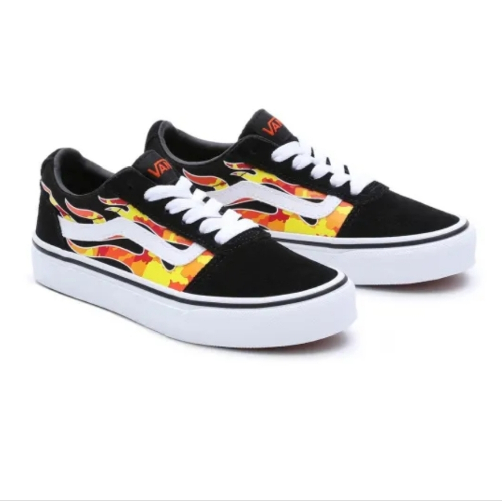 Vans size 5 youth NWOT Ward flame lace up running shoes black, orange and red